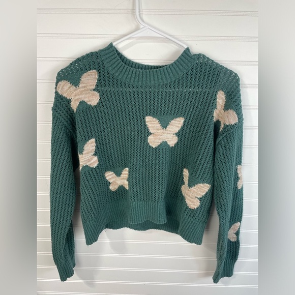 Sugar Moon Green & Tan Knitted Butterfly Cropped Sweater Size Large Girls EUC - Picture 2 of 6
